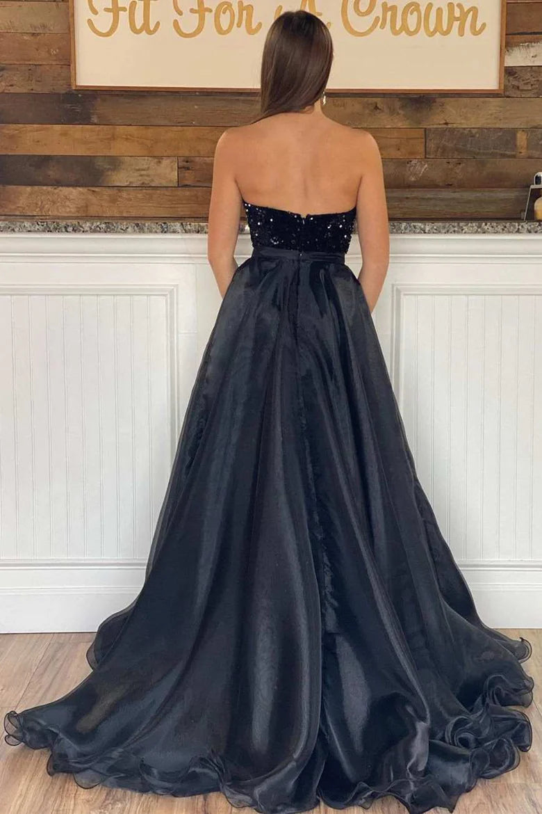 Vestido de fiesta de sirena sin tirantes con lentejuelas y cola adjunta